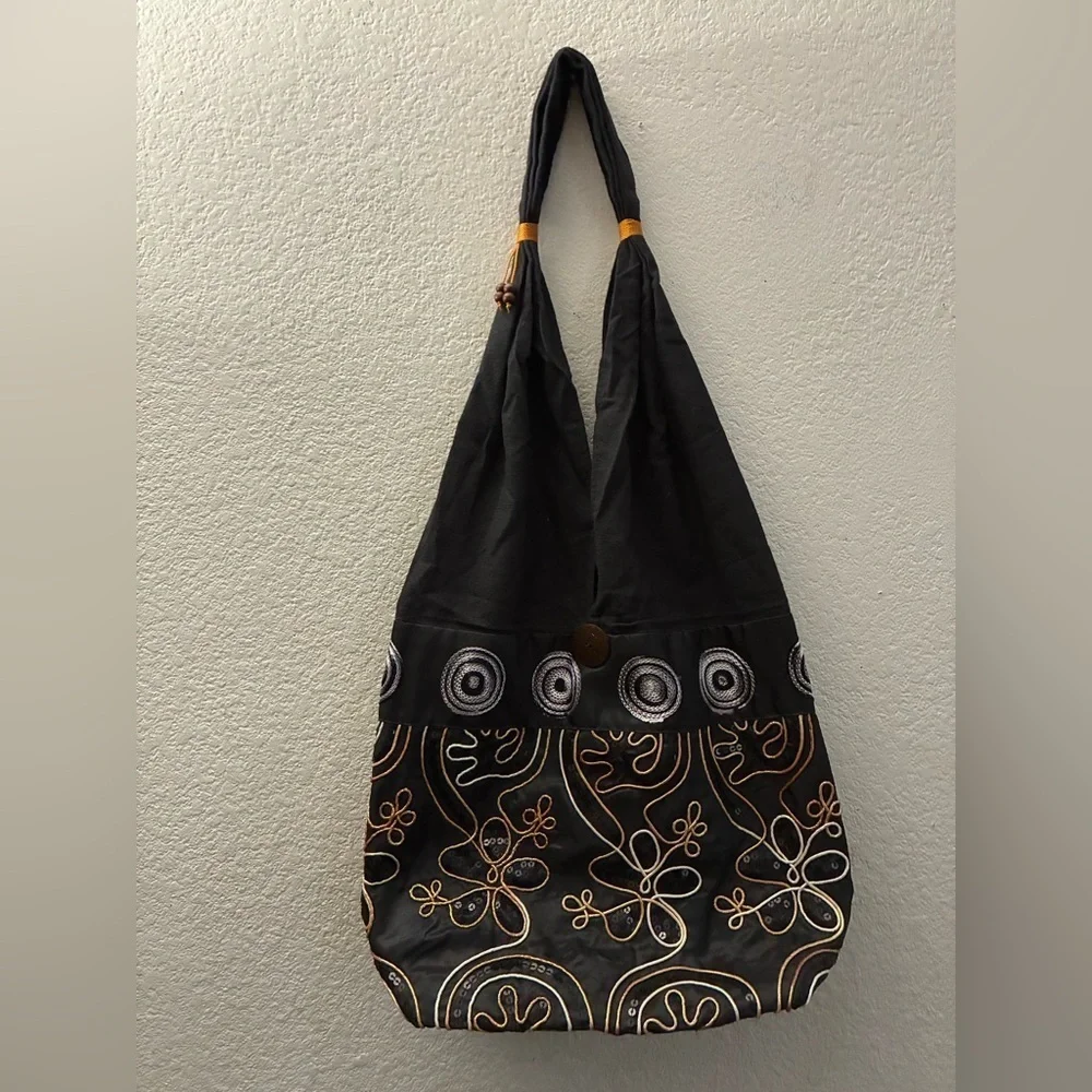 Brown Embroidered & Sequins Floral Cotton Shoulder Bag From Thailand